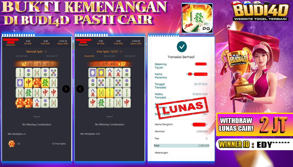 BUDI4D JACKPOT USERID: EDY*** SLOT PGSOFT MAHJONG WAYS Rp.2.050.000,- LUNAS